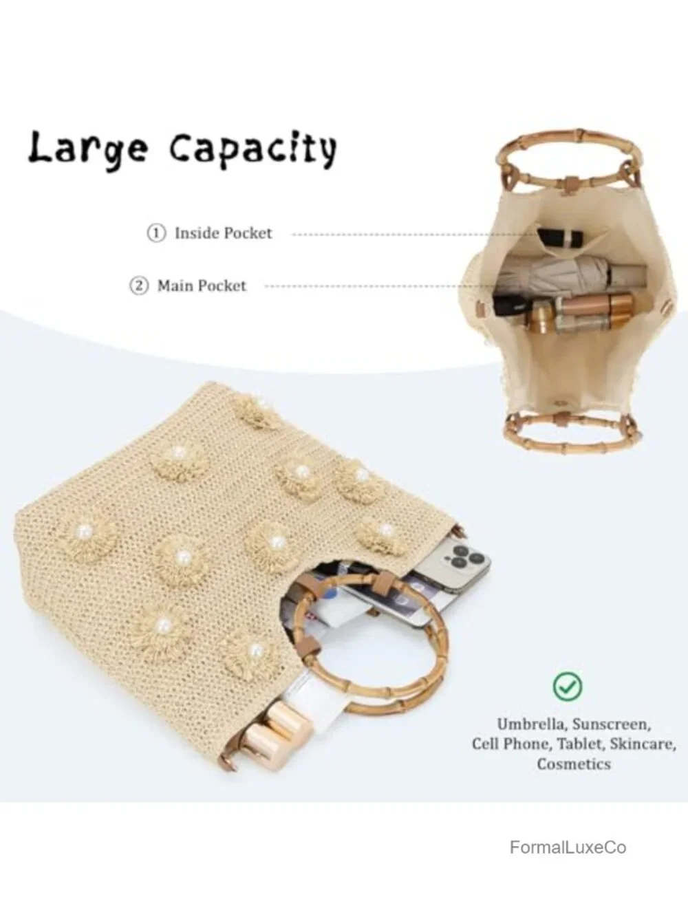 SUKUTU Flower Pearls Straw Tote Bag Women Summer Beach Woven Top Handle Handbag
